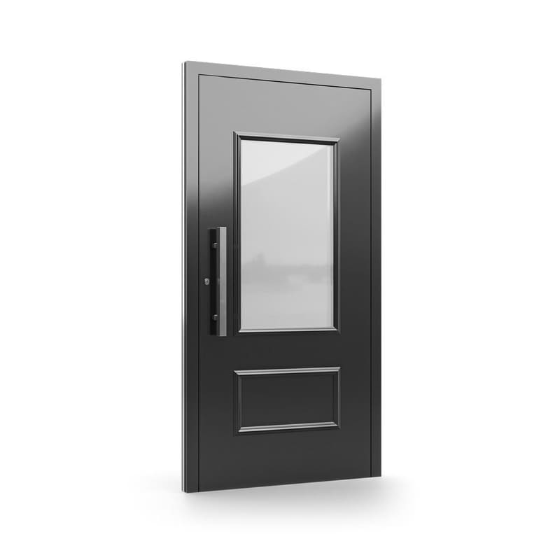 Haustür in Grau mit großem Glasfeld und Kassette