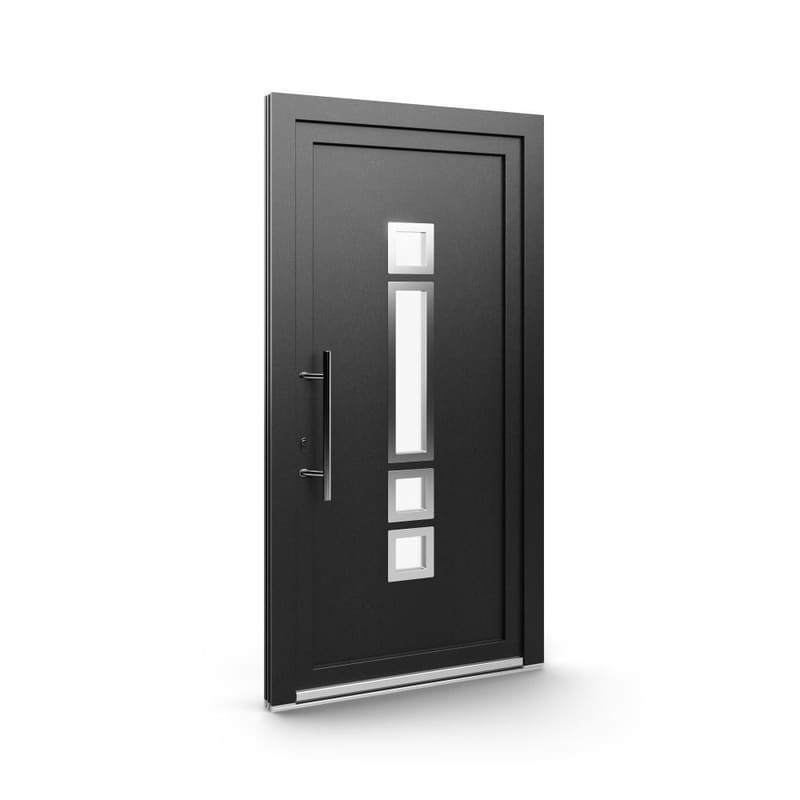 Haustür in Anthrazit mit senkrechtem Lichtband und Stangengriff