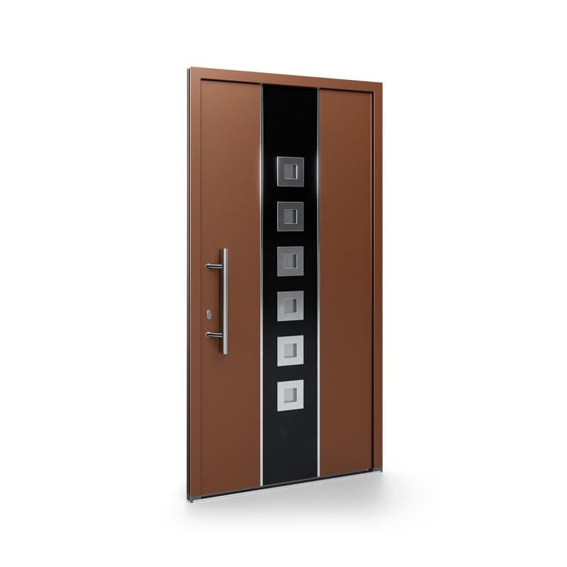 Haustür in Kupferton mit schwarzem Mittelstreifen und Lichtausschnitten