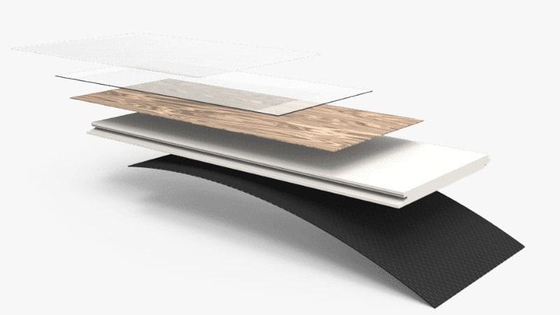 Schichtaufbau einer Vinyldiele mit Trägerplatte und Trittschalldämmung